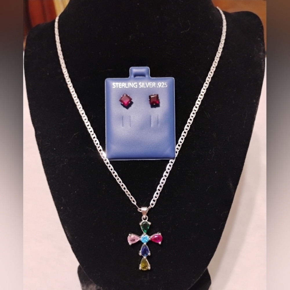 .925 Silver Set - 20" Mariner Chain, Gemstone Cross, & Earrings